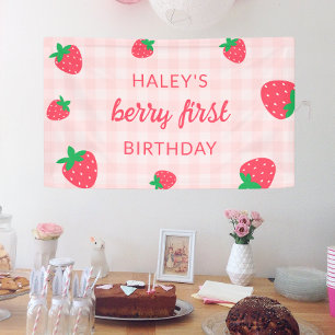 Aardbei Eerste 1e Schattig Roze Baby Verjaardag Spandoek