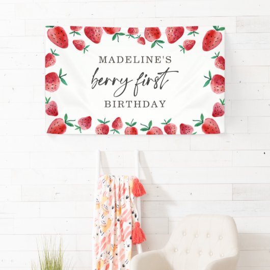 Aardbei eerste verjaardag 1e Berry Sweet Backdrop Spandoek (Insitu)