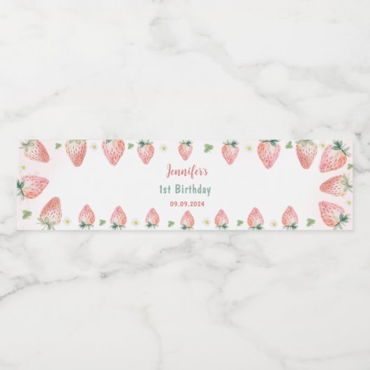 Aardbei eerste verjaardag 1e waterfles etiket (Enkel label)