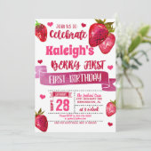 Aardbei Eerste Verjaardag (All Pink) uitnodiging (Staand voorkant)
