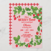 Aardbei eerste verjaardag (rood en roze) kaart (Voorkant / Achterkant)