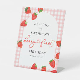 Aardbei Eerste Verjaardag Roze Berry Welkom Reclamebord Met Voetstuk