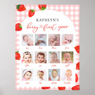 Aardbei Eerste Verjaardag Roze Milestone 12 Foto Poster
