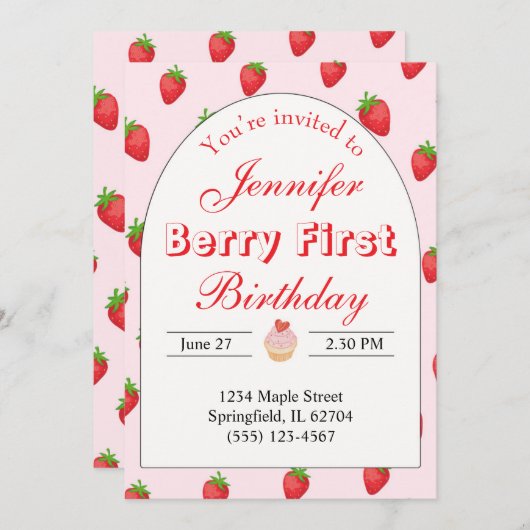 Aardbei eerste verjaardag uitnodiging Berry (Voorkant / Achterkant)
