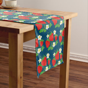 Aardbei en Bloem Blauw Patroon Korte Tafelloper