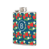 Aardbei en Bloem Blauw Patroon Monogram Heupfles (Links)
