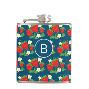 Aardbei en Bloem Blauw Patroon Monogram Heupfles