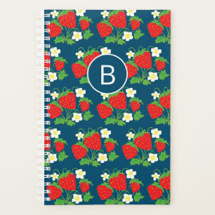 Aardbei en Bloem Blauw Patroon Monogram Planner