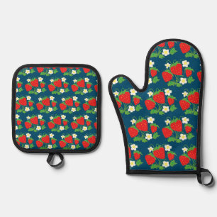Aardbei en Bloem Blauw Patroon Ovenwant & Pannenlap Set