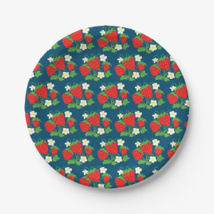 Aardbei en Bloemen Patroon Blauw Papieren Bordje