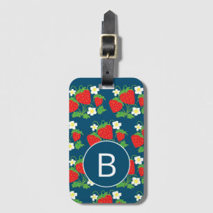 Aardbei- en bloemenblauw patroon bagagelabel