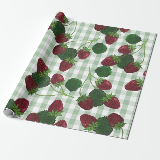 Aardbei- en gingham-pakpapier cadeaupapier (Uitgerold)