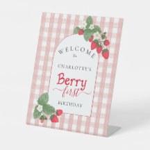 Aardbei Gingham Bes Eerste Verjaardag Welkom