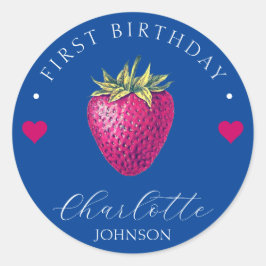 Aardbei Hearts Birthday Girl Dark Blue Ronde Sticker