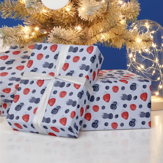 Aardbei, Huckleberry, Braam op Blauw Cadeaupapier (Feestdagen)