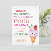 Aardbei Ice Cream Cone 4e Verjaardagsfeest Kaart (Staand voorkant)