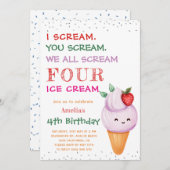 Aardbei Ice Cream Cone 4e Verjaardagsfeest Kaart (Voorkant / Achterkant)