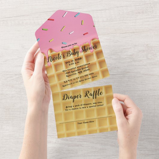 Aardbei Ice Cream Waffle Cone Verjaardag All In One Uitnodiging (Afscheurbaar)