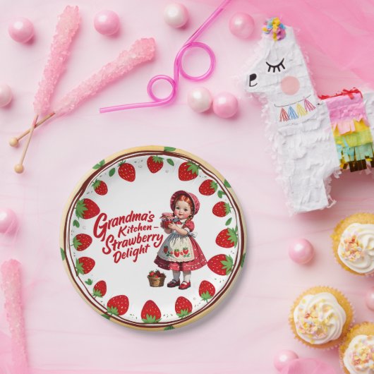 Aardbei Keuken Meisje Oma's Delight Papieren Bordje (Feest)
