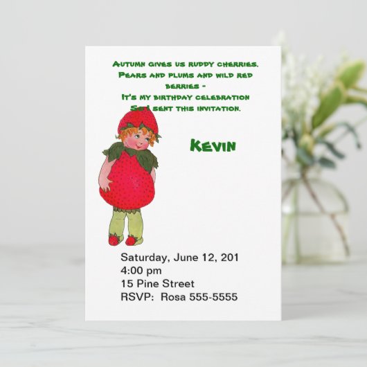 aardbei Kind verjaardagsfeestuitnodiging Kaart (Staand voorkant)