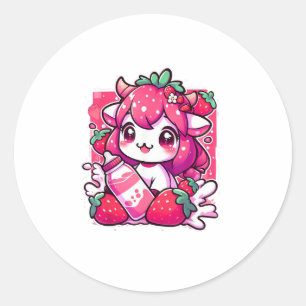 Aardbei Koe Kawaii Anime Aardbei Melk _2_1 Ronde Sticker