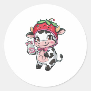 Aardbei Koe Kawaii Anime Aardbei Melk _2 Ronde Sticker