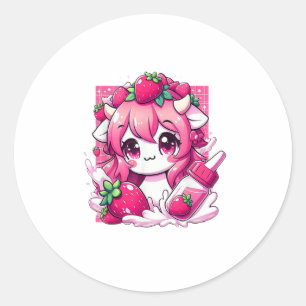 Aardbei Koe Kawaii Anime Aardbeienmelk _1 Ronde Sticker