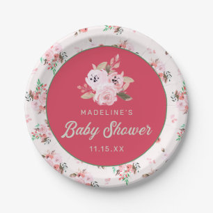 Aardbei Koraal Roze & Groen Bloemen Baby shower Papieren Bordje