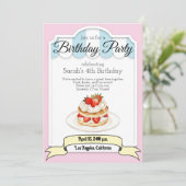 aardbei korte taart, verjaardagsfeestuitnodiging kaart (Staand voorkant)