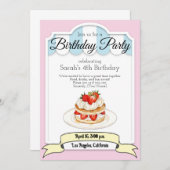 aardbei korte taart, verjaardagsfeestuitnodiging kaart (Voorkant / Achterkant)