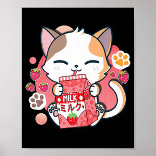 Aardbei melk Kat Kawaii Anime Neko Gift Girls T Poster