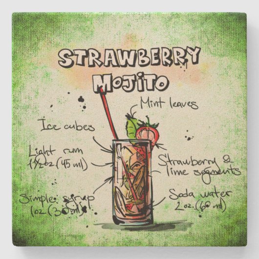 Aardbei Mojito Drink Recipe Stenen Onderzetter (Voorkant)