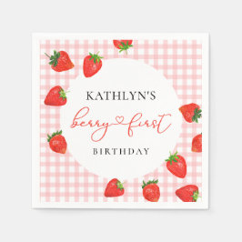 Aardbei Pink Berry Eerste Plaid Gingham Verjaardag Servet
