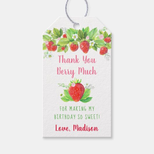 Aardbei Pink Floral Birthday Cadeaulabel (Voorkant)