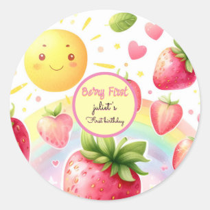 Aardbei regenboogbes eerste 1e verjaardag ronde sticker