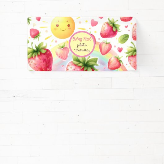 Aardbei regenboogbes eerste 1e verjaardag spandoek (Insitu)