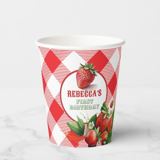 Aardbei Rode Gingham Picknick Papier Cups Papieren Bekers (Achterkant)