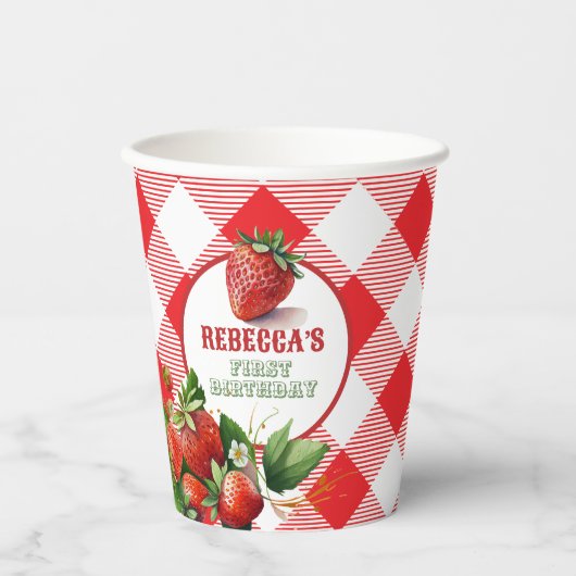 Aardbei Rode Gingham Picknick Papier Cups Papieren Bekers (Voorkant)