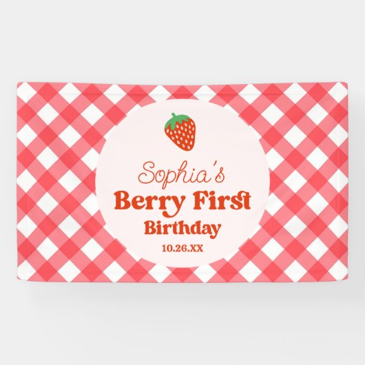 Aardbei Rode Roze Berry Eerste 1e Verjaardagsfeest Spandoek (Horizontaal)