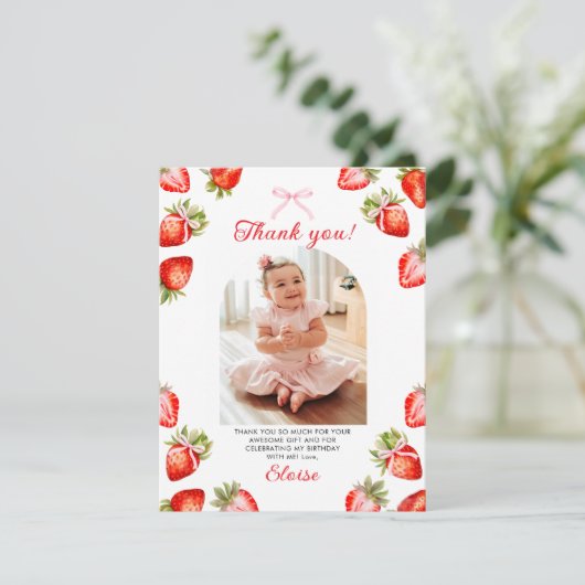 Aardbei Roze Bow 1e Verjaardag Bedankt Card (Staand voorkant)