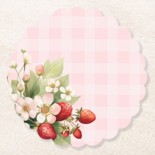 Aardbei roze gingham baby shower kartonnen onderzetters