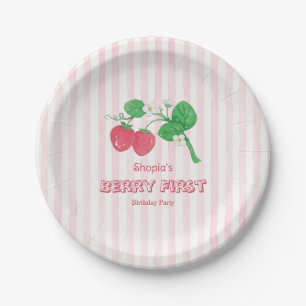 Aardbei Roze Strepen Meisje Bes Eerste Verjaardag Papieren Bordje
