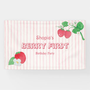 Aardbei Roze Strepen Meisje Bes Eerste Verjaardag Spandoek