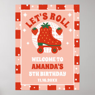 Aardbei Schaatsen Retro Rolschaatsen Verjaardag Poster