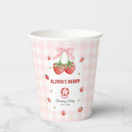 Aardbei Sweet Pink Gingham Baby Girl Verjaardag Papieren Bekers