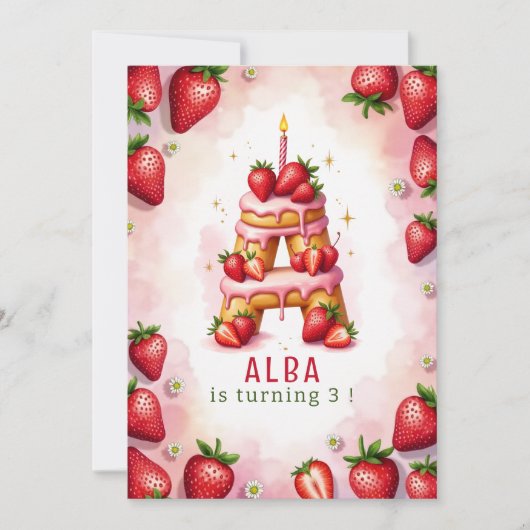 Aardbei Verjaardag Nodig Letter A Cake Design uit Kaart (Voorkant)