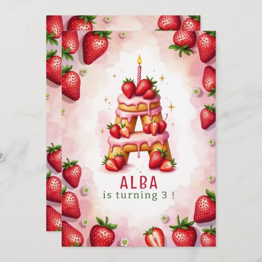 Aardbei Verjaardag Nodig Letter A Cake Design uit Kaart (Voorkant / Achterkant)