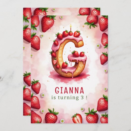 Aardbei Verjaardag Nodig Letter G Cake Design Kaart (Voorkant / Achterkant)