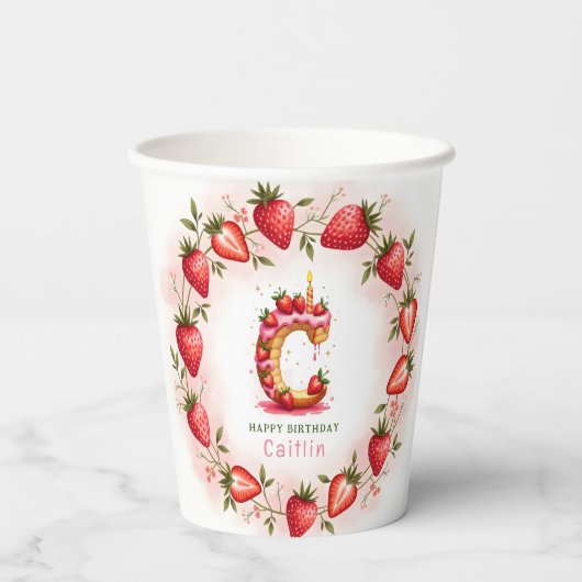 Aardbei Verjaardag Papier Cup Letter C Cake Papieren Bekers (Achterkant)
