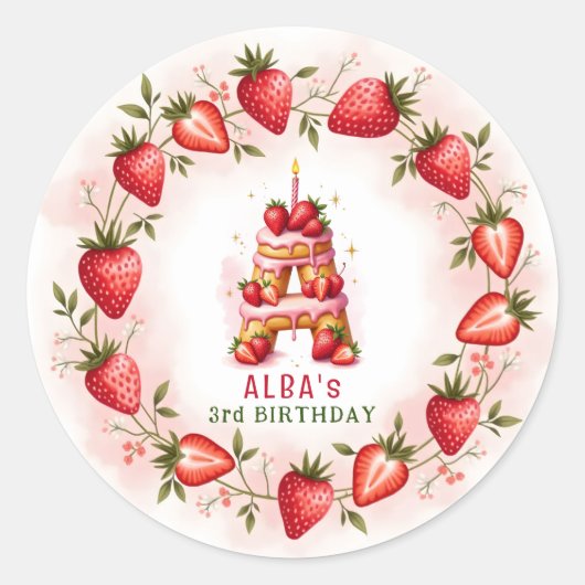 Aardbei Verjaardag Sticker Letter A Cake (Voorkant)